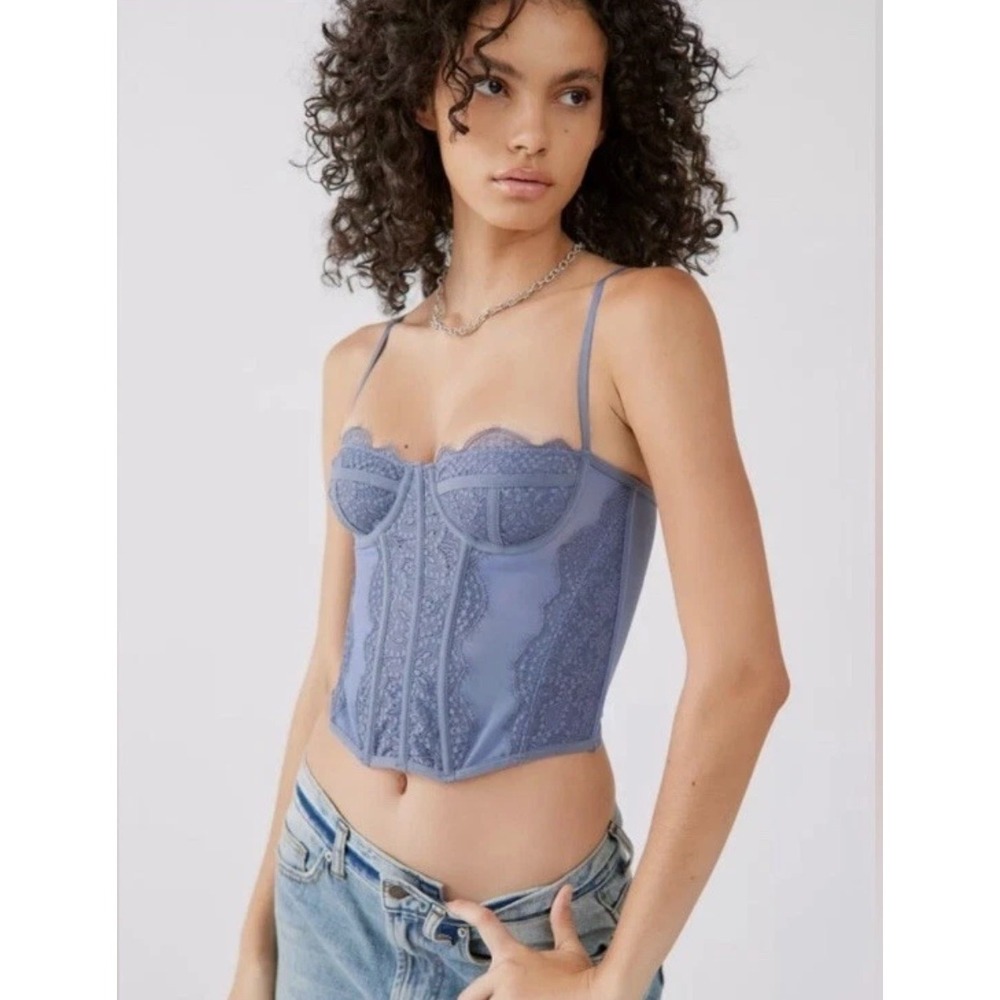 NWT Out From Under Modern Love Corset Slate Blue Lace Mesh Top Underwire L